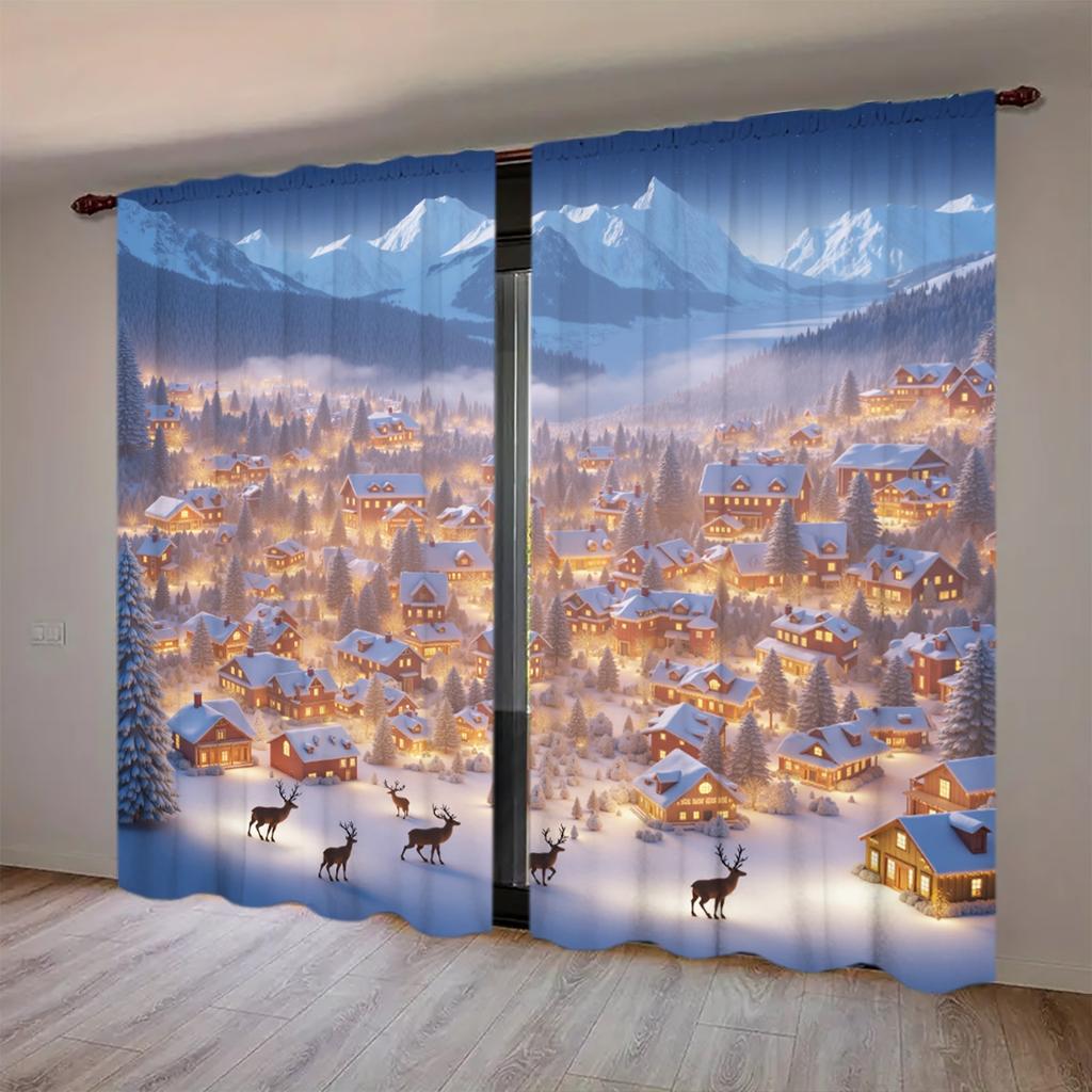 2pcs Winter Night Snow Scenery Printed Curtain for Christmas Home Decor - Rod Pocket Window Treatment for Bedroom, Office