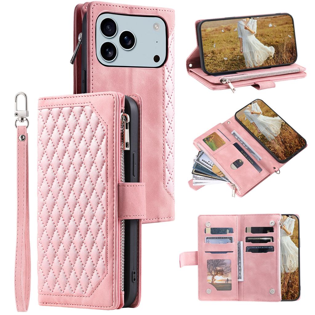 Pour iPhone 17 Pro Max Étui Portefeuille Ligne de Coutures Losanges Cuir PU Housse de Téléphone avec Dragonne