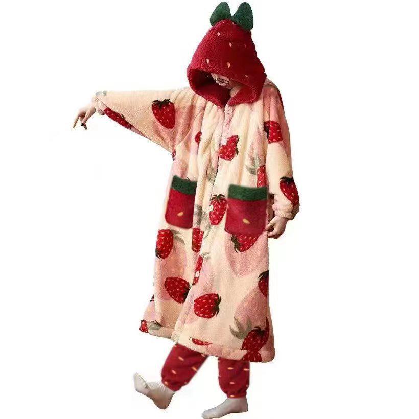 

2023 Sweet Strawberry Плотный коралловый флисовый халат-комплект - Cozy Home Loungewear XXL