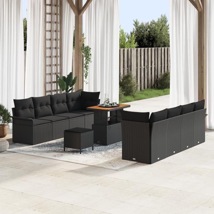Ensemble de Canapés de Jardin 11 Pièces avec Coussins Poly Rattan Noir Acacia, Canapé de Jardin 2 Places avec Rangement &amp; 3364059