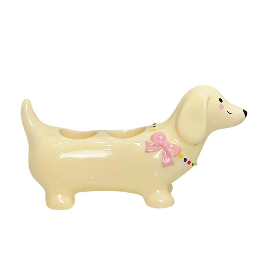 Ceramic Dachshund Toothbrush Holder 2 Slot Cartoon Electric Toothbrush Stand Cute Anti-Slip Base Makeup Brush Storage Shelf