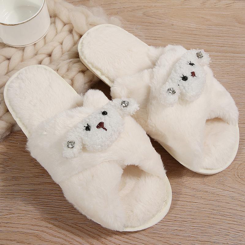 

Fashion Cartoon Little Dogs Plush Slippers Women Cross Strap Open Toe Fur Slippers Woman Faux Fur Flat Heel Cotton Slides Female 42-43 белый