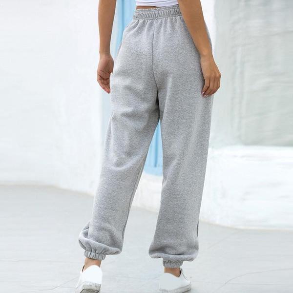 Women Casual Loose Elastic Waist Sports Pants Solid Color Sweatpants Baggy Ankle-Length Pants