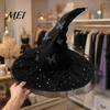 Black Cosplay Hats for Women Halloween Witch Hat Women, Large Glitter Sequins Mesh Wizard Mysterious Costume Accessory Adults with Butterfly