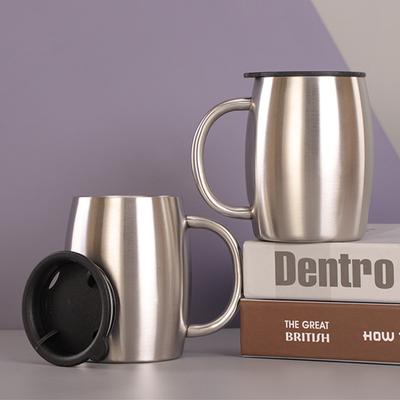 400 ml doppelwandiger Bierkrug aus Edelstahl mit Griffdeckel, tragbare Kaffee-/Milchtassen fürs Büro, große Bauchtasse, Trinkgeschirr für den Haushalt