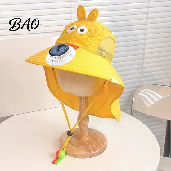 Breathable Mesh Sun Hat Kids Cap with Built-in Solar Fan, Wide Brim Protection Cooling Baby Hiking Hat, Fabric Summer Cartoon Pattern, Shawl