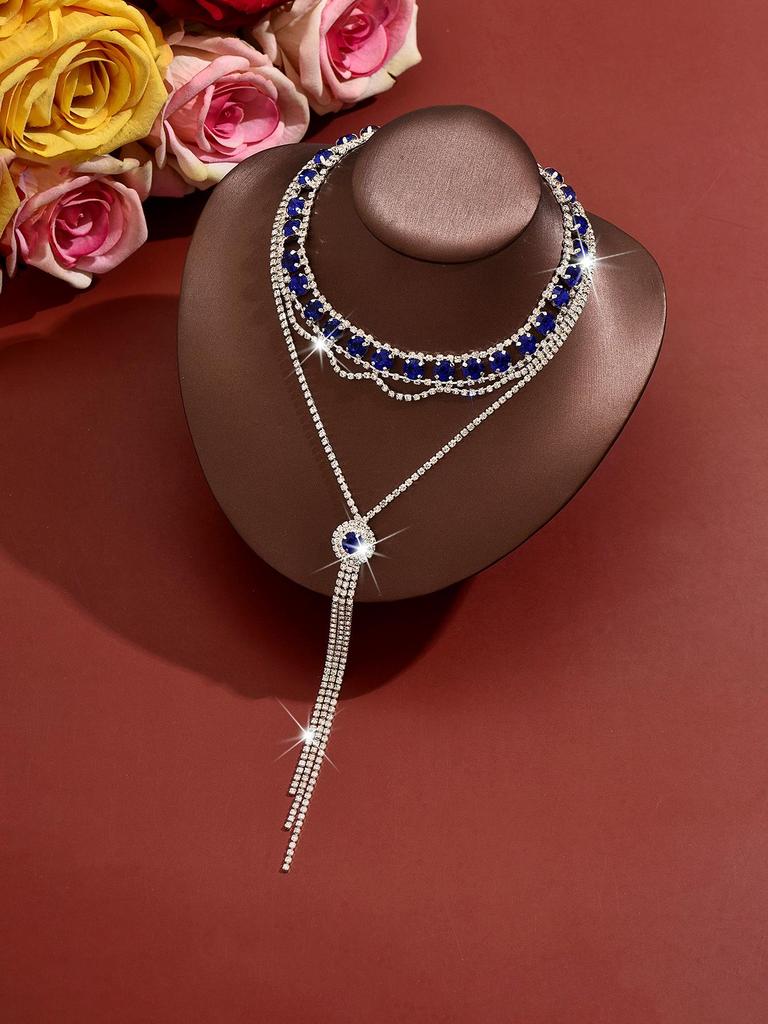 2026 Rhinestone Double Layer Crystal Choker & Long Y-Shaped Tassel Necklace for Women - Retro Evening Style