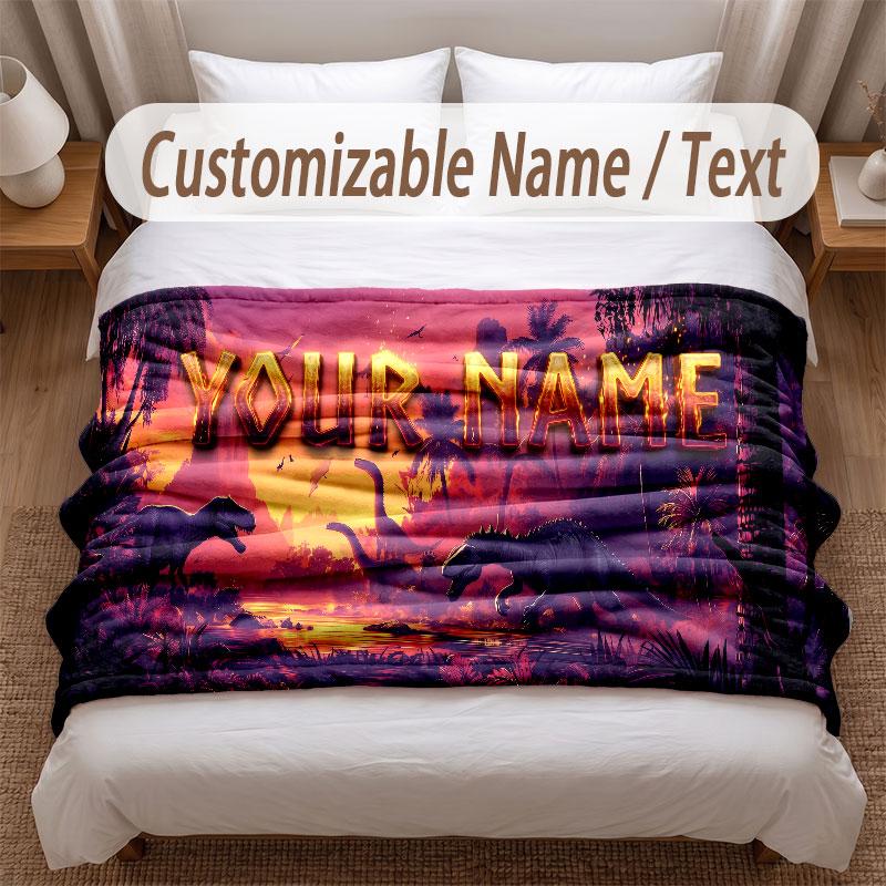 Dinosaur Theme Soft Blanket Personalized Custom Name Text Print Warm Blanket Home Sofa Bedroom Decor
