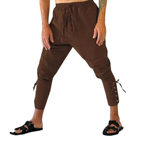 Pantaloni da Uomo Medievali Vichinghi Pirata con Cinturino alla Caviglia Elastico in Vita Larga Pieghettati Allacciati Monocromatici Pantaloni Corti Costume da Performance Cosplay