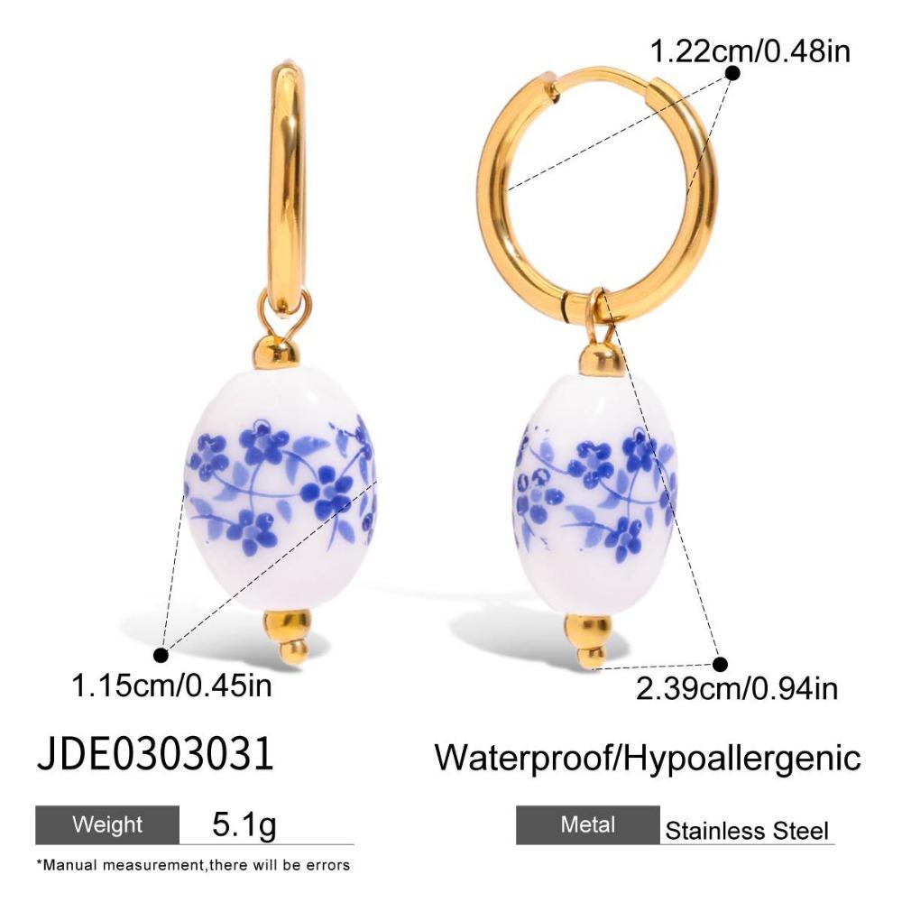 Stainless Steel Blue and White Porcelain Earrings Chinese Style Gold Hoop Earrings  Lady