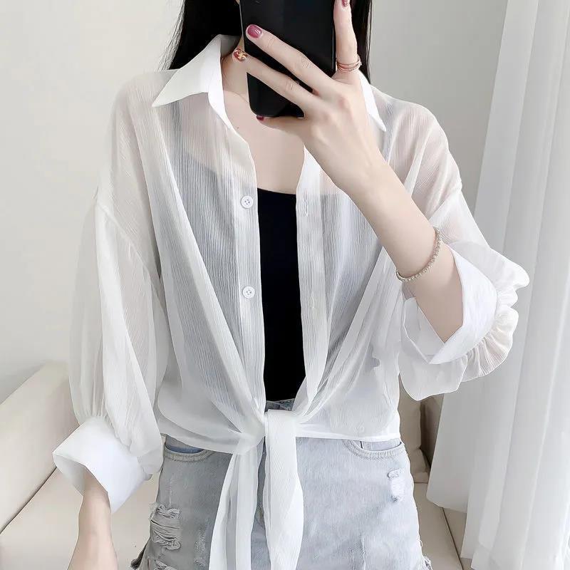 Chiffon Doll Sleeve Cardigan Women's Thin Sun Protection Shirt Short Outer Shawl Loose Top Thin Coat White Polo Collar Shirt