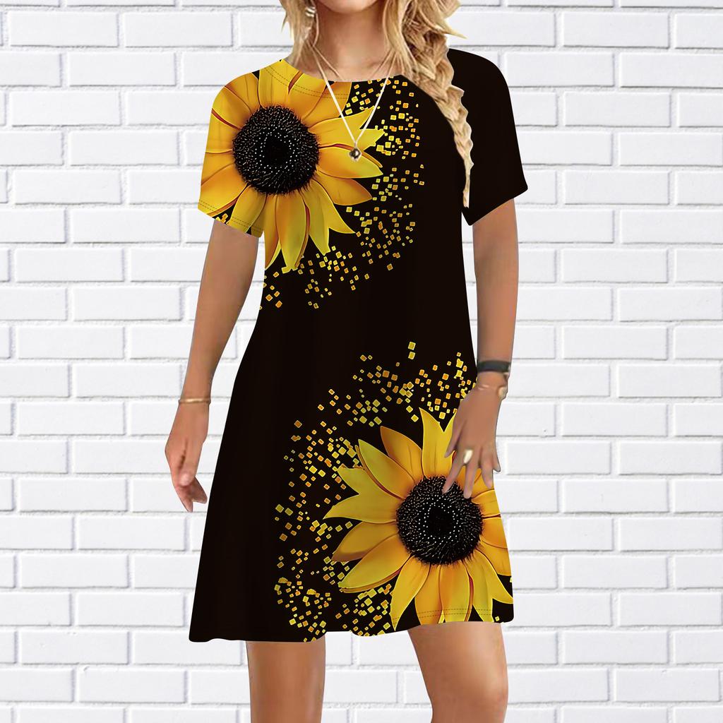 Lässiges Kleid für Damen, Sommer, schöne Kleider mit Sonnenblumen-Print für Damen, O-Ausschnitt, kurzärmelig, Übergröße