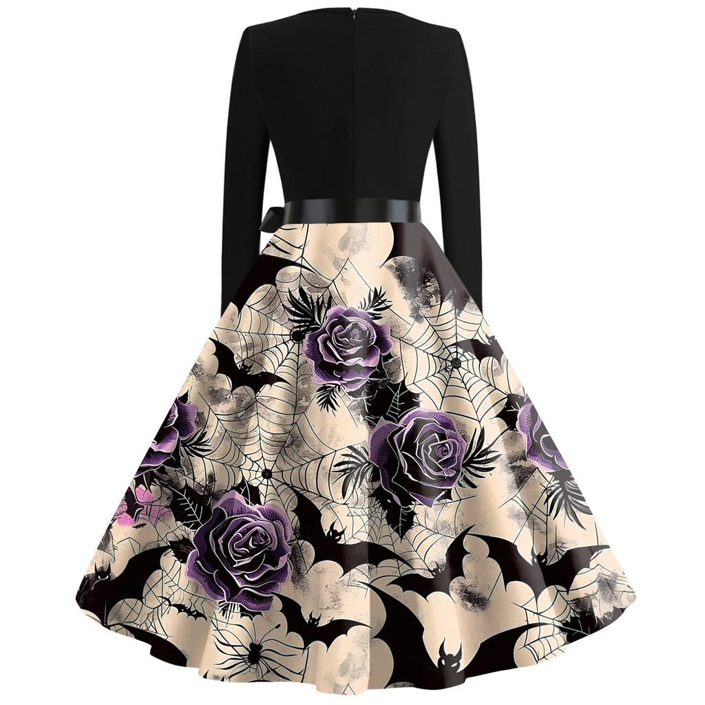 Women's Casual Fashion Halloween Printed Square Neck Vintage Dress