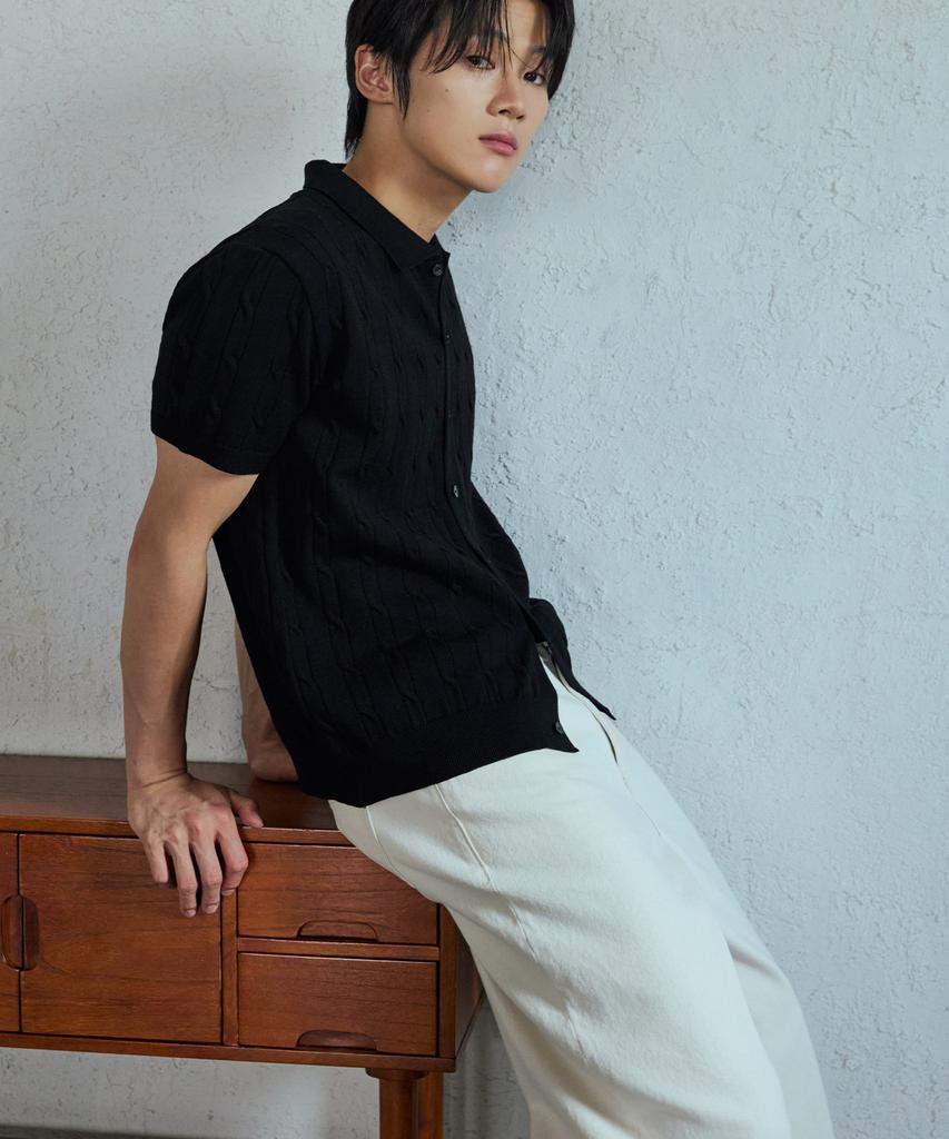 Nodu Collar Cable Viscose Short Sleeve Cardigan [Black]