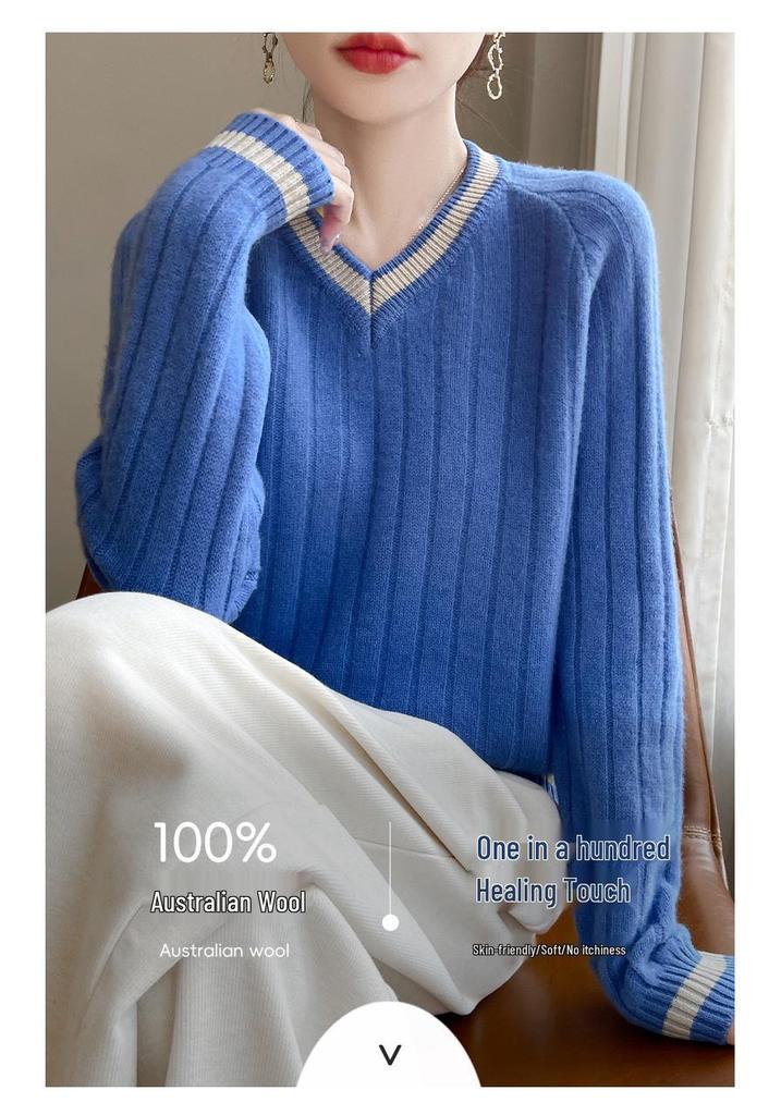 Women's Color Block V-Neck Loose Wool Pullover - Chic & Trendy Cashmere Outerwear