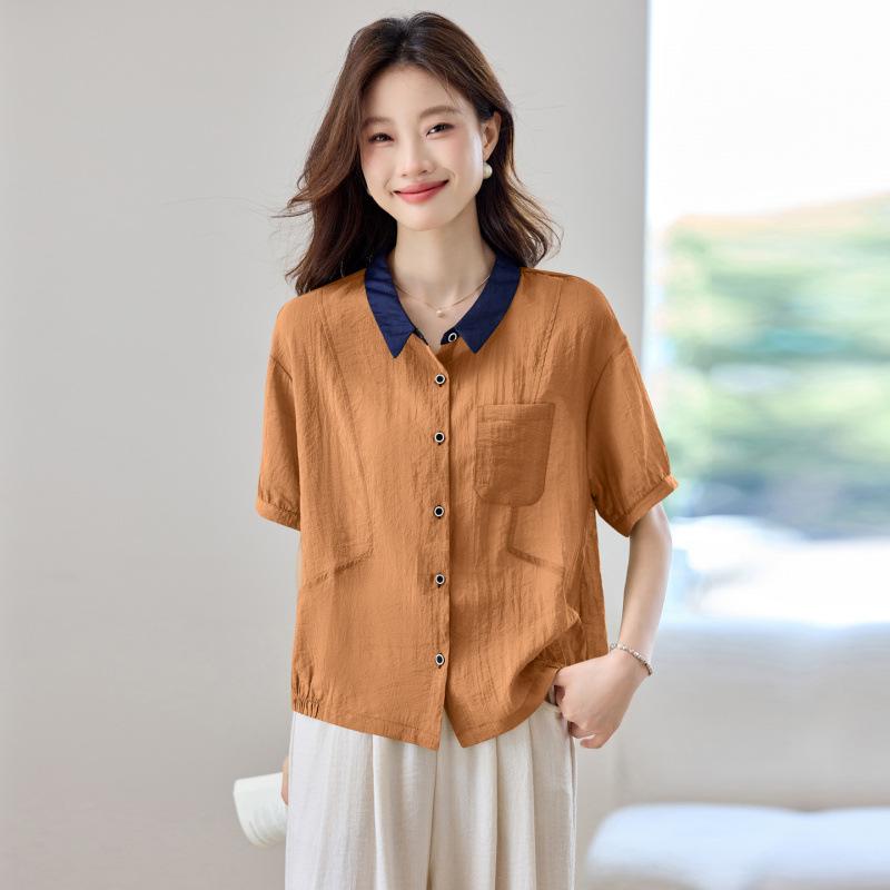 Summer fashion niche design sense contrasting color lapel loose casual versatile short-sleeved shirt women