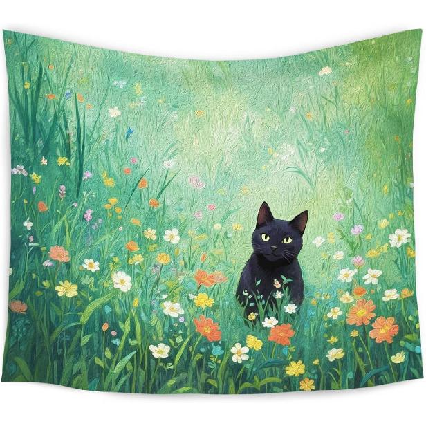 WARDOS Spring Garden Black Cat Tapestry, Cats Lovers Lady Gifts, Cat Mom Grandma Gifts, Vintage Floral Cats Decorative Tapestry Wall Hanging for Home black cat-G