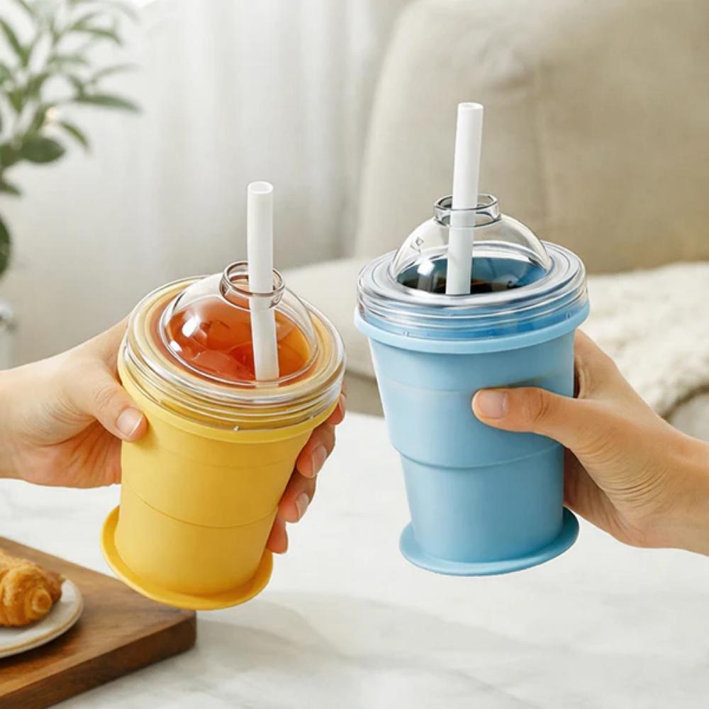 Portable silicone folding cup with straw, food-grade foldable travel cup, two-in-one ice ball cup, suitable for summer outdoor a