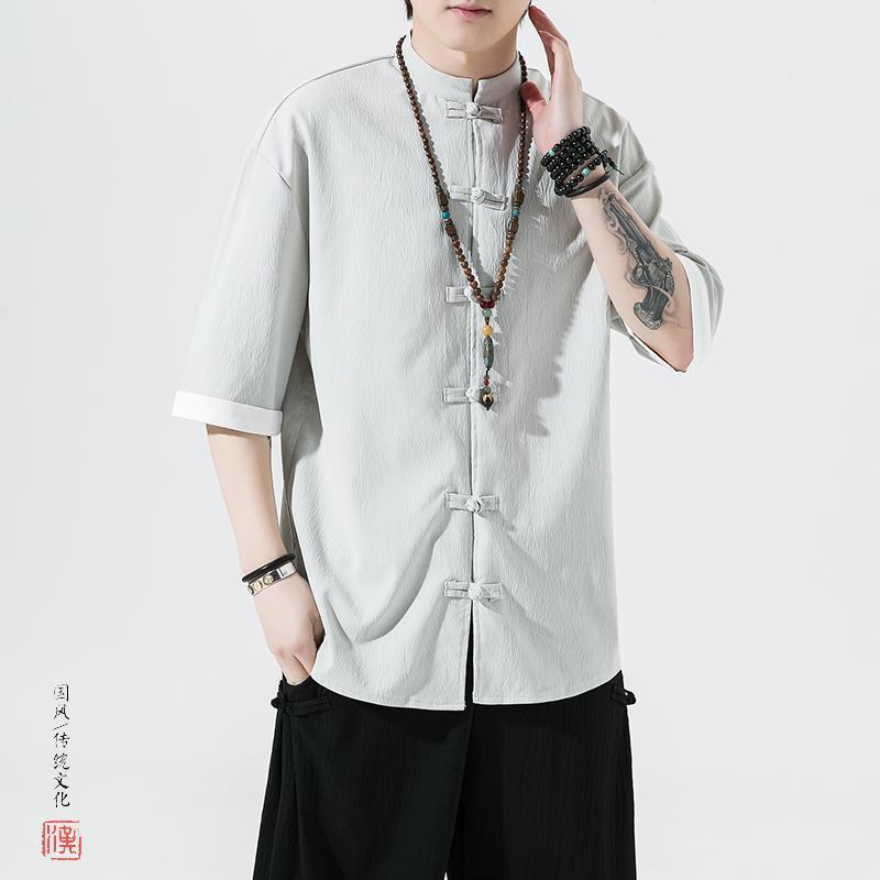 

Chinese Style Shirt Men s Summer Chinese Stand Up Collar Yukata Kimono Samurai Wear Colour Blocking T-shirt Casual Coat 5XL сірий