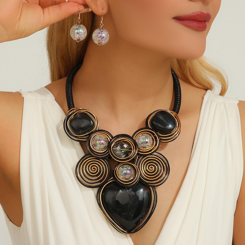 Statement Jewelry Set Trendy Resin Gem Crystal Beads Aluminum Wire Handmade Woven Necklace And Earrings Women Party Accessories