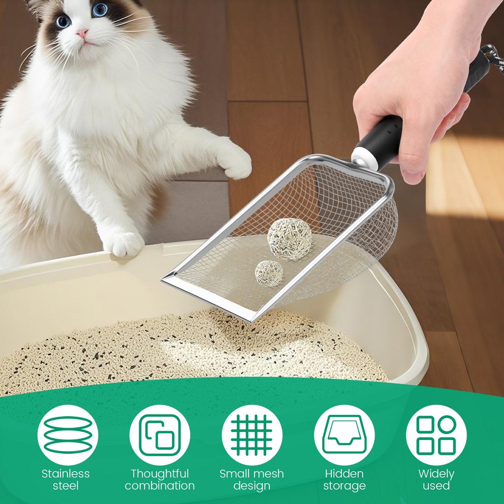 Stainless Steel Cat Litter Scooper Set with Small Broom and Dustpan Clean Non-Stick Shovel For Small Pets or Reptile Sand Waste
