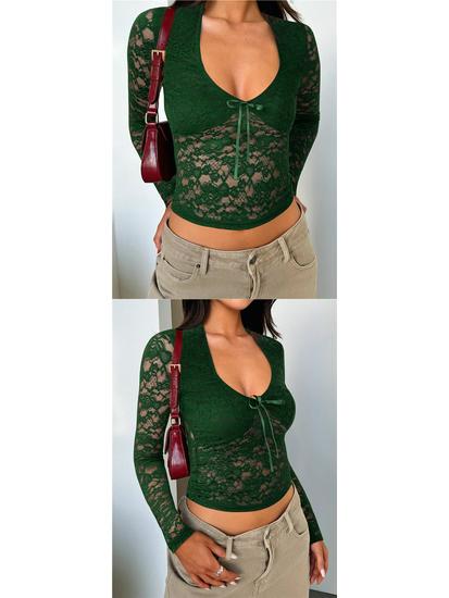 Spring/Summer European-American Sexy Slim Fit Hollow Out Long Sleeve Lace Top