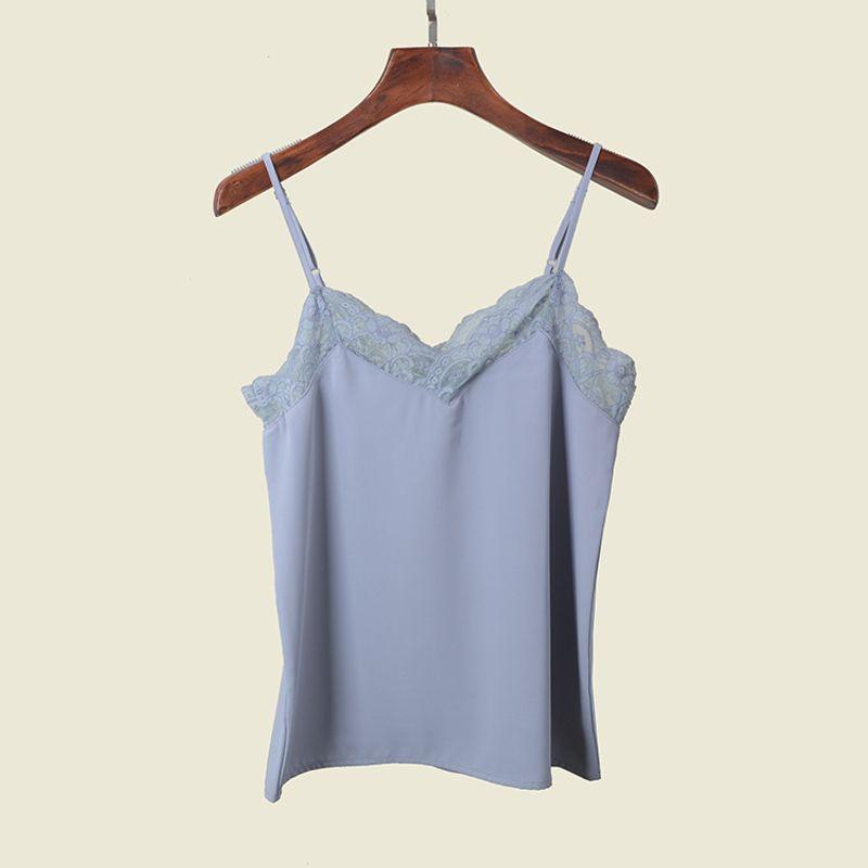 Silky Satin Lace Patchwork Camisole Summer Sexy Inner Wear Pure Color Mint Green V Neck Vest