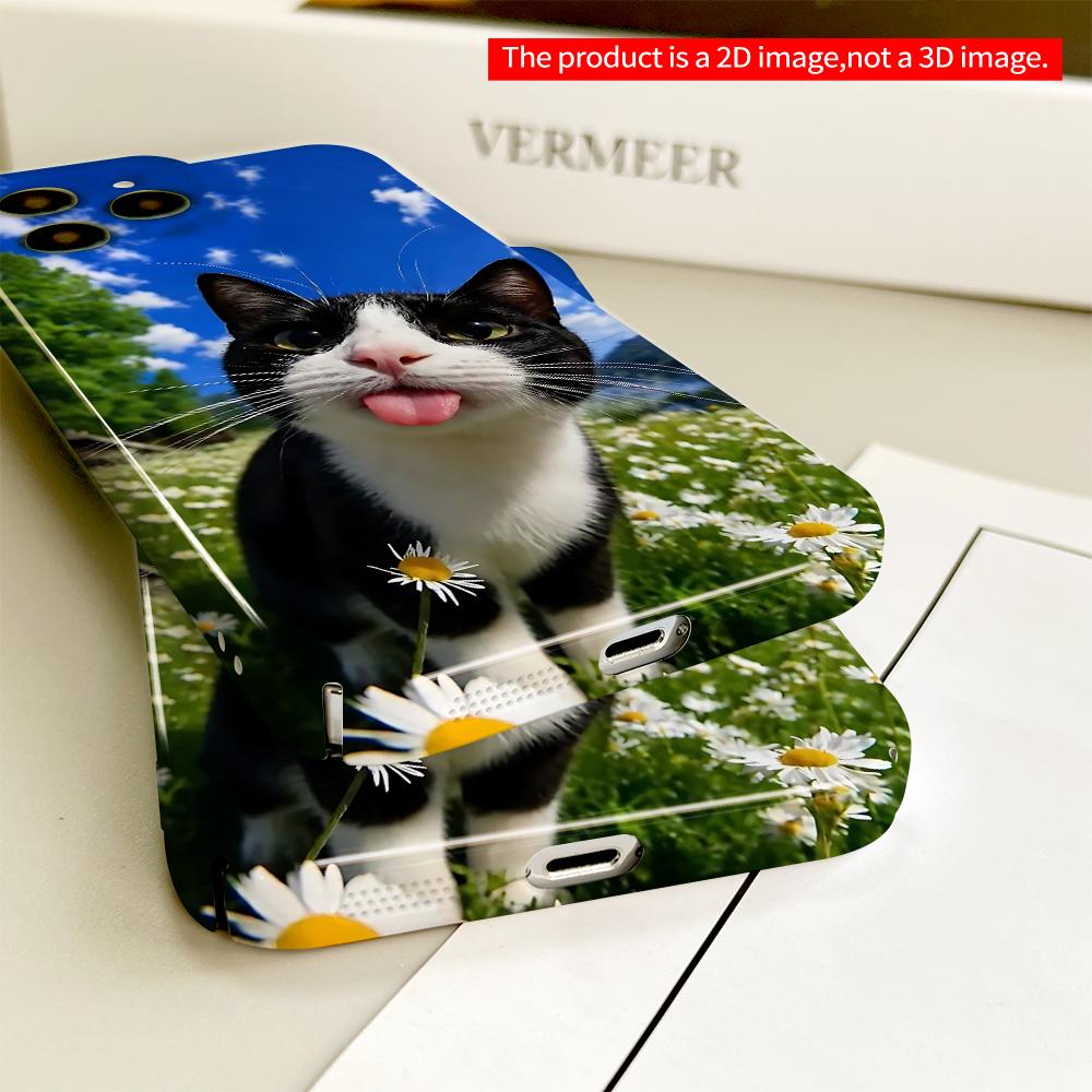 Black & White Cat Licking In Daisy Field All Inclusive Film Hard Phone Case, Compatible with iPhone 18 Pro Max 17 16 15 14 13 12 11