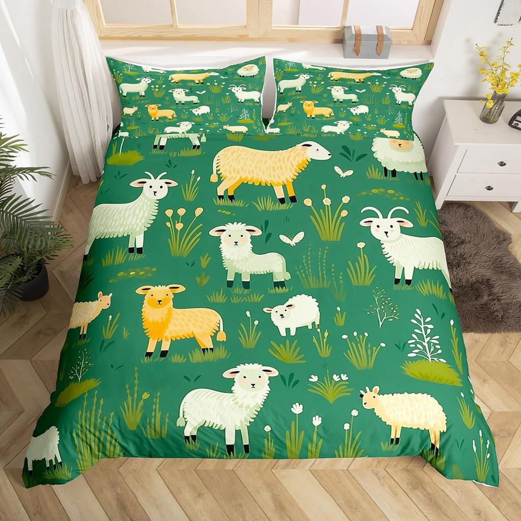 Cute Sheep Bedding Set Cartoon Animal Comforter Cover for Kids Flower Floral Print Duvet Cover Farm Zoo Garden Theme Quilt Cover