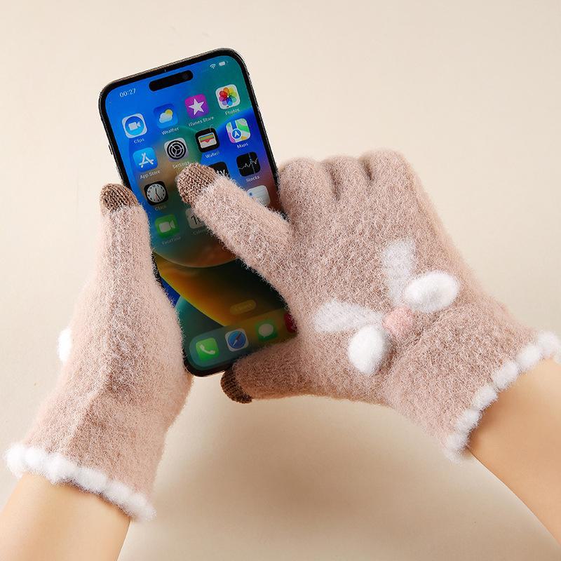 Damehansker i ull med sløyfe og berøringsskjerm - Varme, strikkede, søte, femfingrede, ideelle for sykling om høsten/vinteren og studenter.