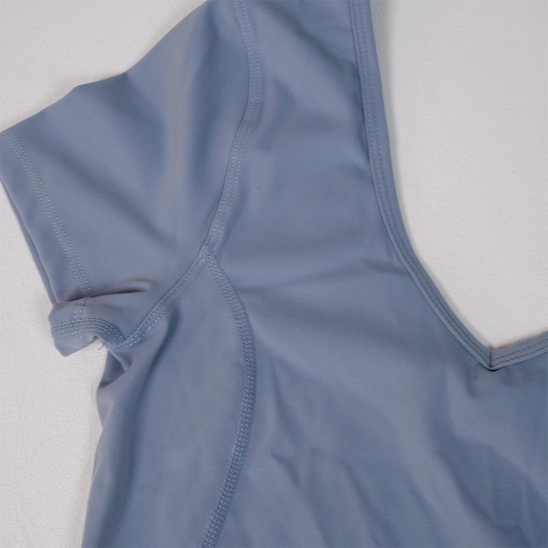 Damen V-Ausschnitt U-Rücken Nylon Yoga T-Shirt – Kurzarm, Sexy Enganliegend, Schönes Rückendesign