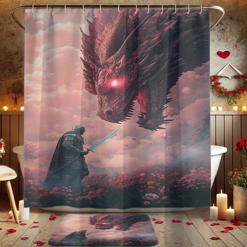 4pcs Dragon Knight Duel Printed Shower Curtain Set Decorative Bathroom Set Includes Shower Curtain Non-Slip Floor Mat