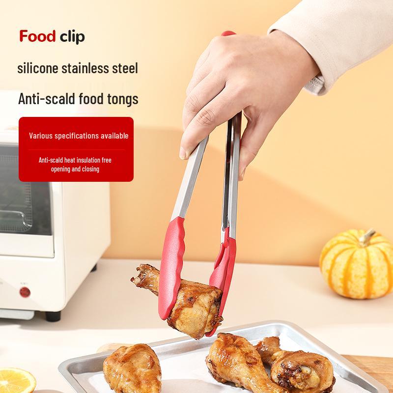High-Temperature Resistant Silicone and Stainless Steel Food Tongs - Ideal for Barbecue, Roasting, and Bread.