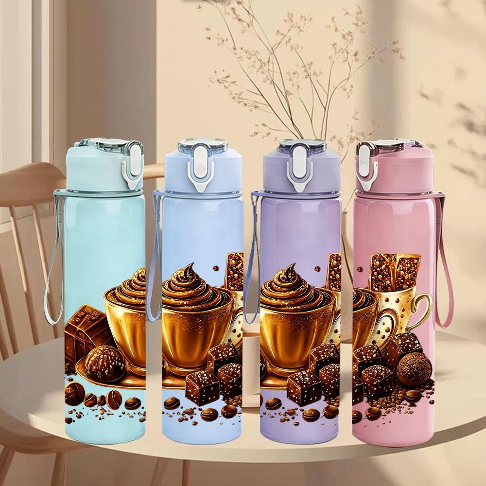 1PC Coffee Cup Bean Art 750ml Color Plastic Sports Water Bottle Leakproof Flip Straw Lid Suitable for Sports Office Home Use