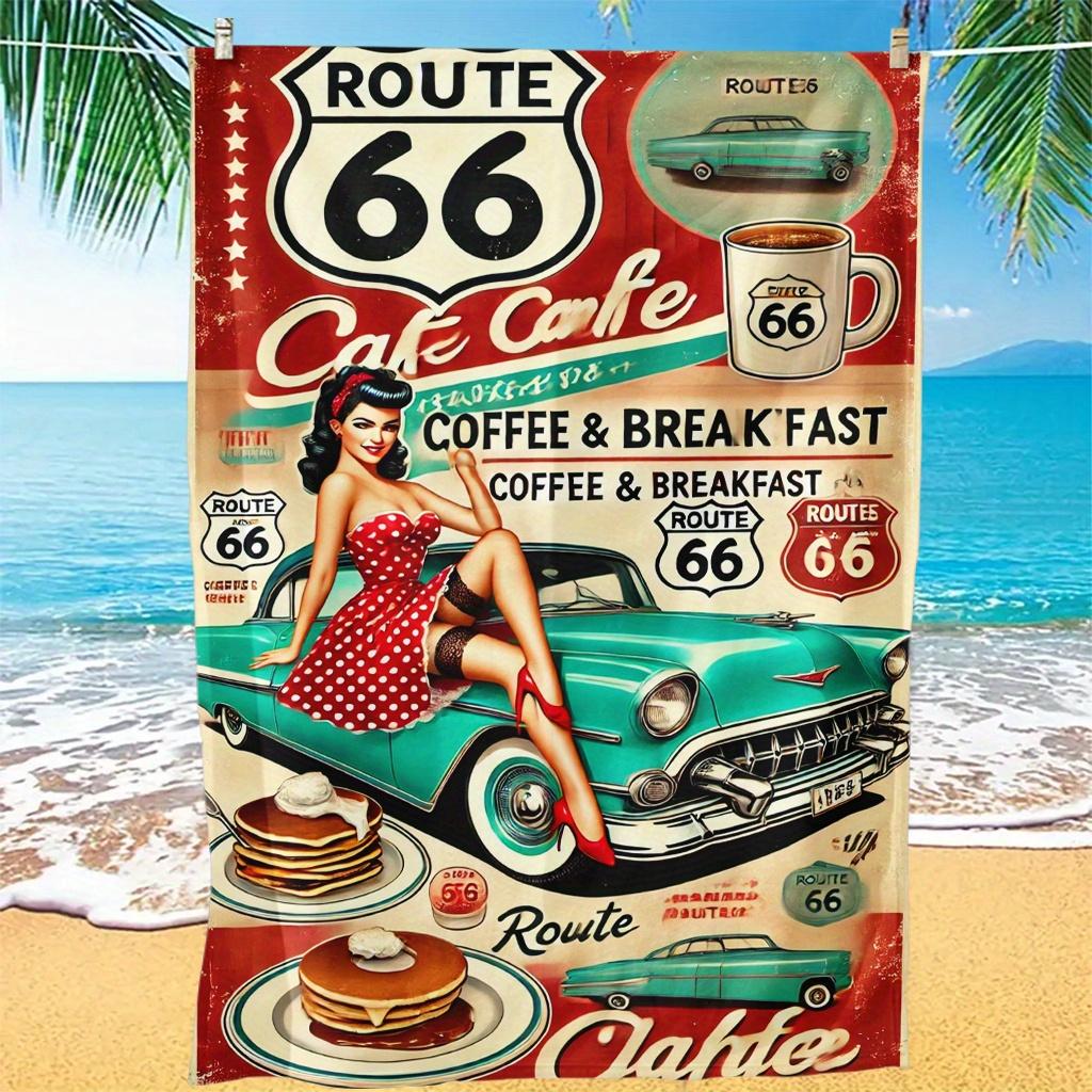 Telo da Spiaggia Mulino a Vento Route 66, Design Artistico Auto d'Epoca e Caffè, Asciugatura Rapida Senza Sabbia, per Spiaggia e Picnic