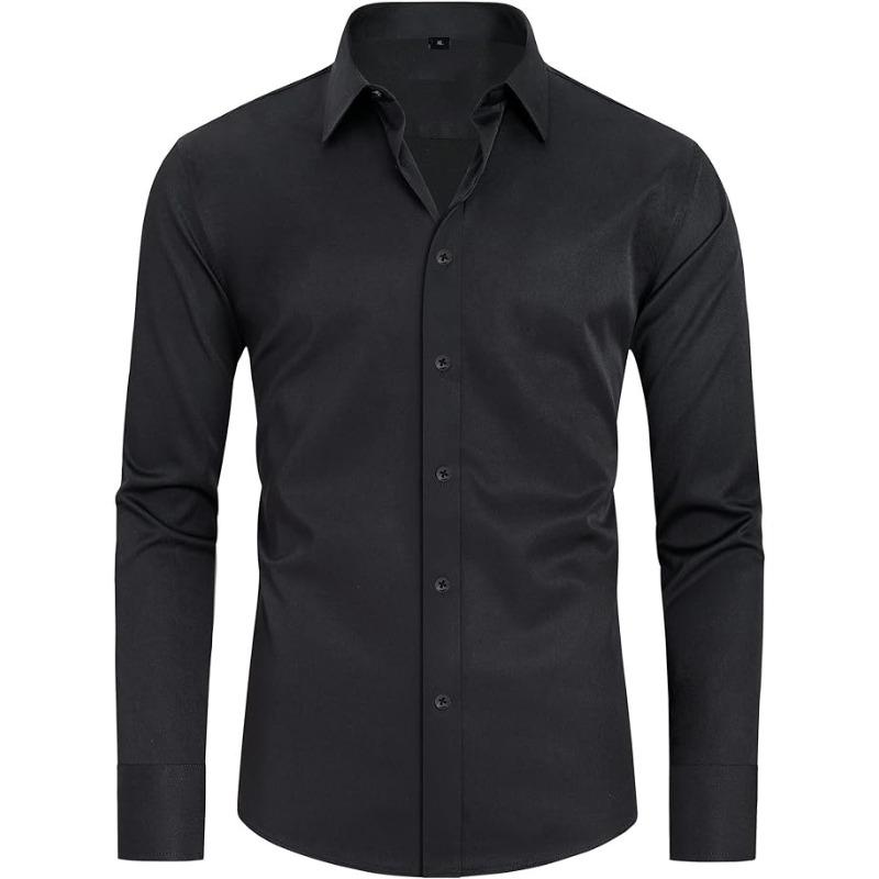 Men's Long Sleeve Solid Color Shirt, 4-Way Stretch, Natural Color Button, Slim Fit, Wrinkle Free, Business Casual Dress Shirt