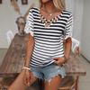 Damen Gestreiftes Ausgeschnittenes Halsband Spitzenbesatz Kurzarm T-Shirt Lässiges Locker sitzendes Oberteil