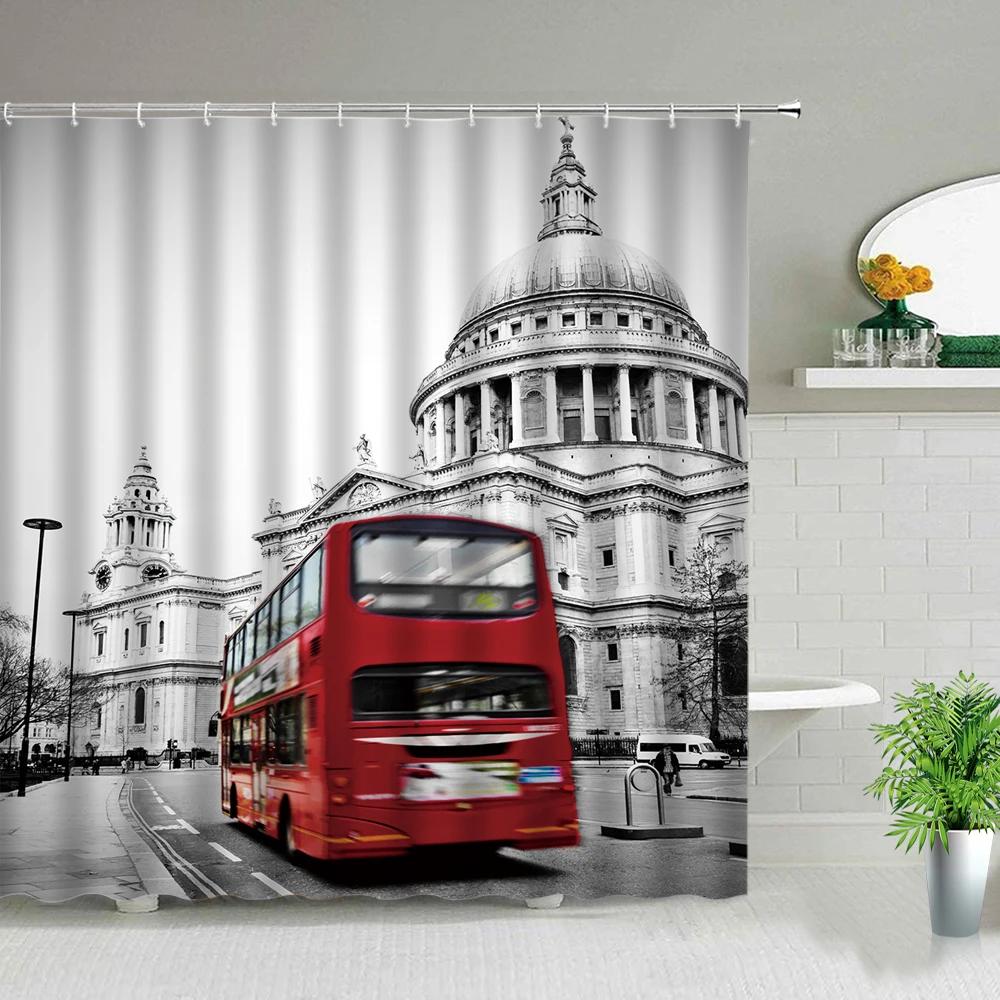 Paris Street Scenery Black And White Design Red Tram Bathroom Shower Curtain Waterproof Bathtub Home Decor Background Curtains