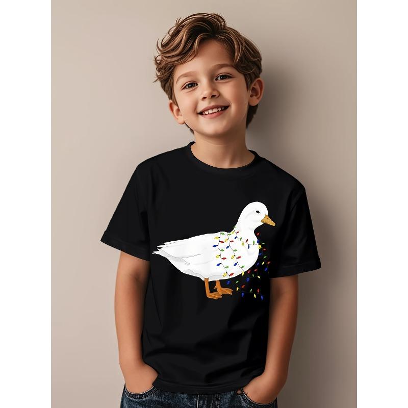 European Sizes Christmas Call Duck Graphic Kid T-Shirt | Casual, Trending Tees Tops for Kids, Crew Neck, Short Sleeve, All-season
