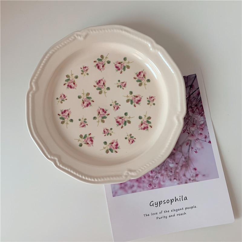 New French Retro Small Flower Relief Ceramic Western Steak Pasta Plate Yogurt Salad Bowl Dessert  Dish  Serving