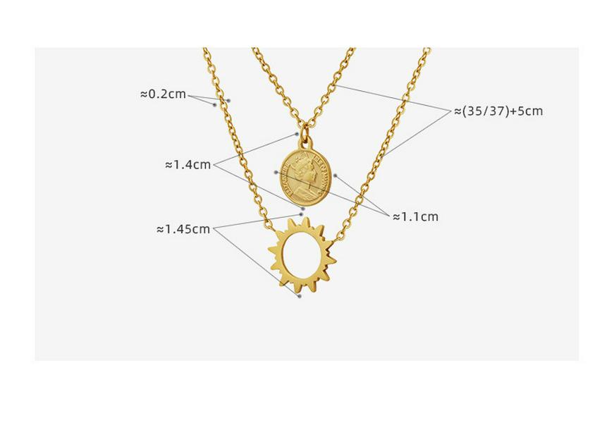 18K Gold Sun Embossed Portrait Pendant Necklace, Titanium Steel Clavicle Chain