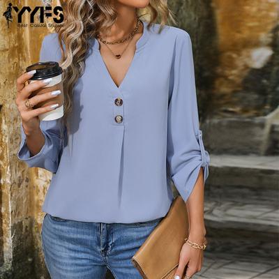 Women's Fashion Casual Summer Spring Solid Color Print Long Sleeve V-Neck Blouses & Shirts