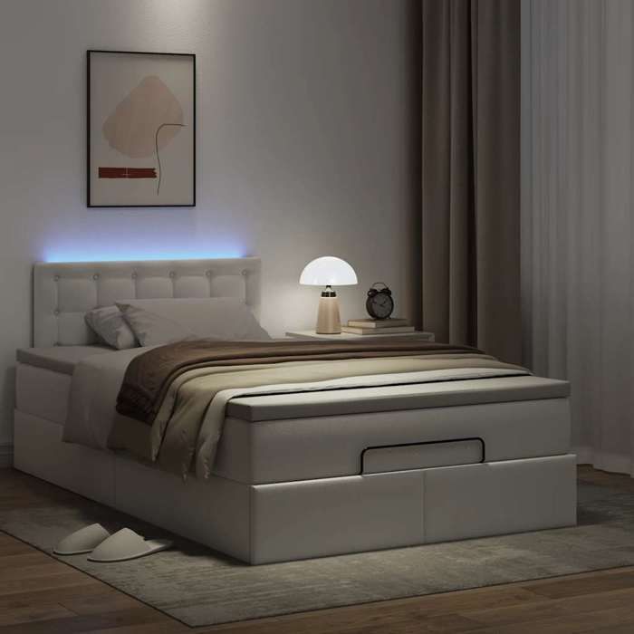 Cadre de lit avec matelas - Maison Exclusive - 120x200 cm - Similicuir blanc - Rangement sous le lit