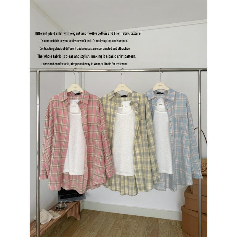 Women's American Retro Plaid Long-Sleeve Cotton-Linen Shirt Jacket