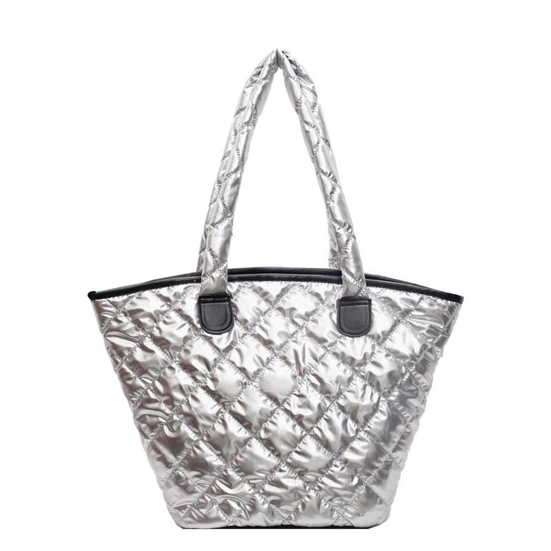 

Новая модная женская хлопковая сумка осень и зима трендовая женская стеганая ромбом большая вместимость сумка-тоут сумка на плечо серебряный