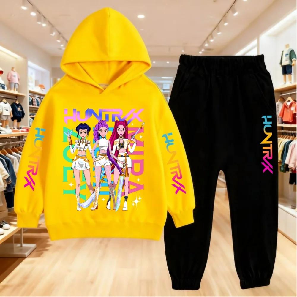 KPop Devil Hunter Cartoon Printed Children's Hoodie with Sports Pants Casual Fashion Set