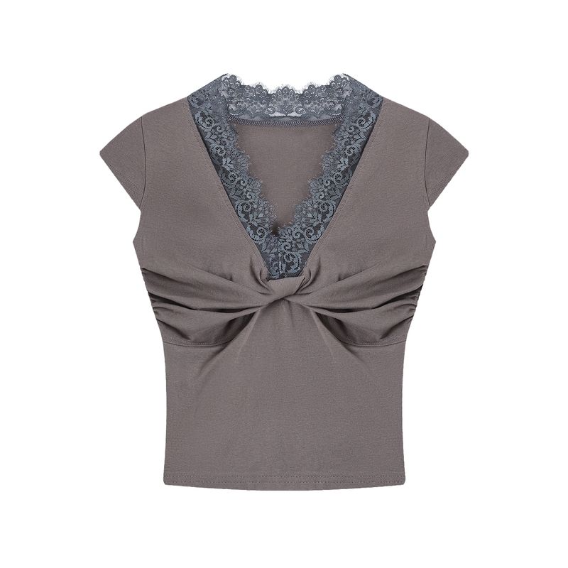 Kumikumi Sweet Gyaru Style Lace Stitching V-neck Short sleeve T-shirt Women Summer Slim fit Slimming Gray All-Match Top