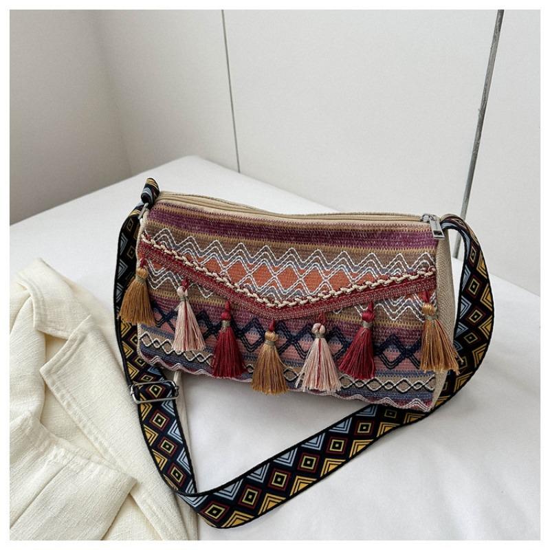 Simple and Fashionable Ethnic-style Bag with Tassels and Diamond-shaped Single-shoulder Crossbody Bag
