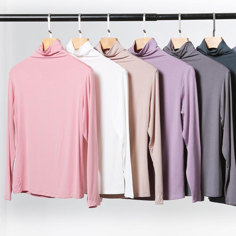 Korean Half-High Collar Slim Fit Modal T-Shirt - Long-Sleeve Solid Color Top