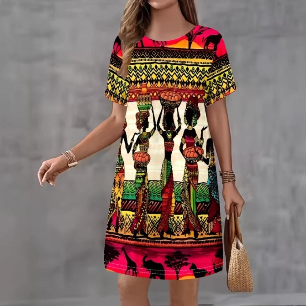 Summer Women s Round-neck Vintage Colorful Plus Size 3D Print Vacation Dress Fashionable Comfortable Soft Breathable Mini Dress S